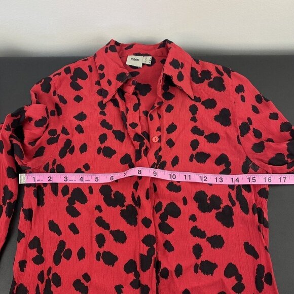 Asos Women's Leopard Print Button Up Top Size 0 Red Black Collared Blouse - Picture 7 of 9